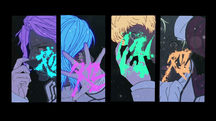 Akudama Drive characters with paint splatters