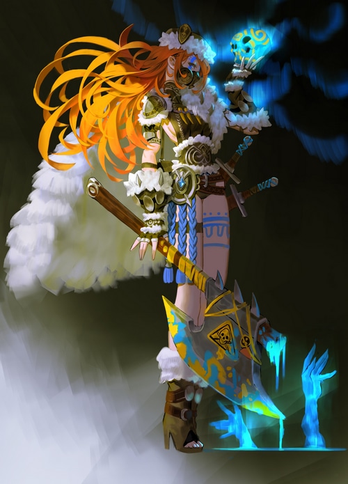 Fantasy woman with axe and skull