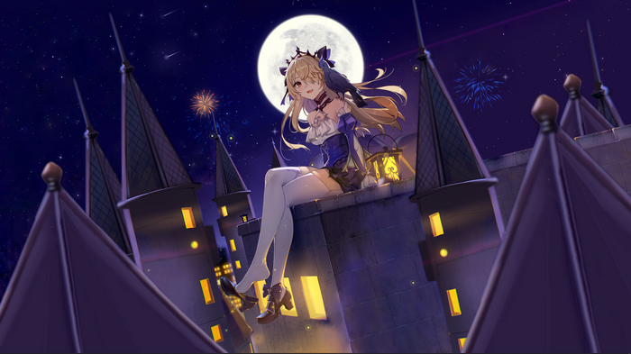 Fischl from Genshin Impact on a castle roof at night
