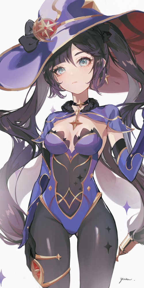 Mona from Genshin Impact wearing a witch hat