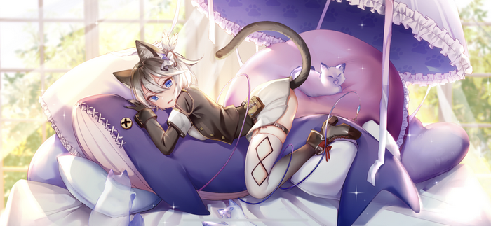 Cat girl with blue eyes lying on a whale plushie