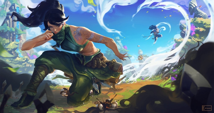 Akali and mini Akali in a fantasy landscape