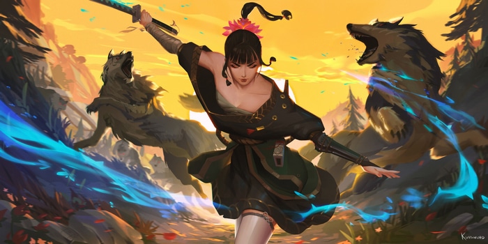 Fantasy girl with katana fighting wolves at sunset