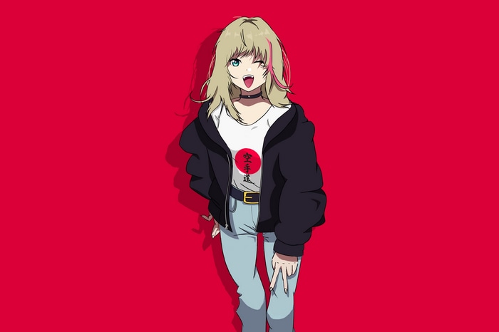 Rika Kawai from Wonder Egg Priority on red background