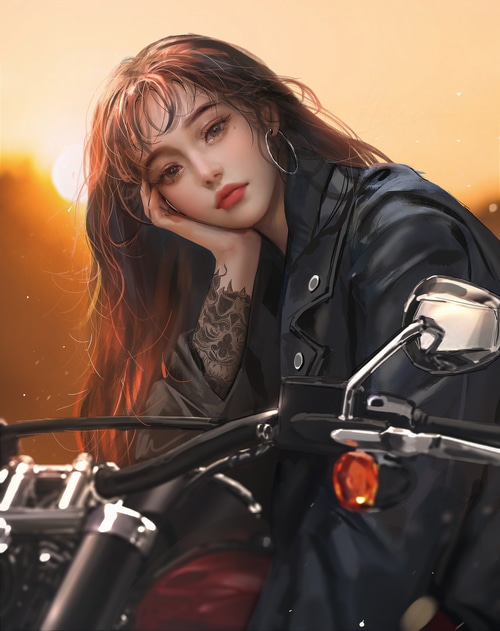 4K drawing of a woman with tattoos on a motorcycle
