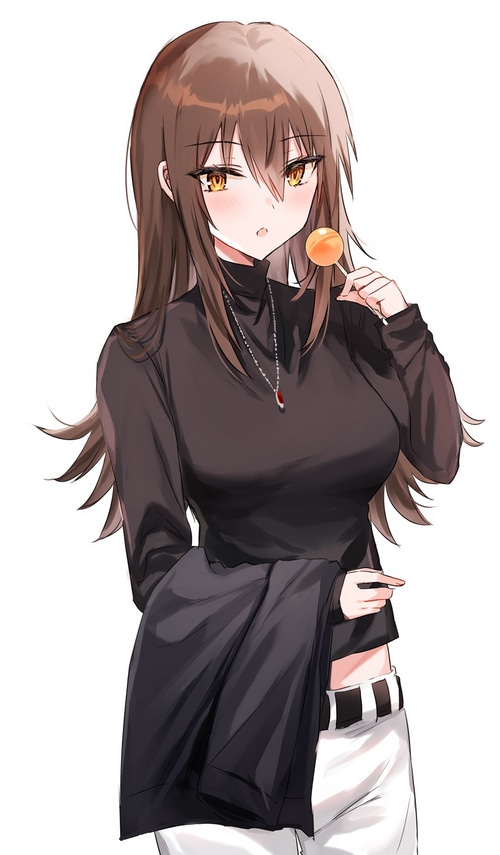 Anime girl with brown hair holding a lollipop