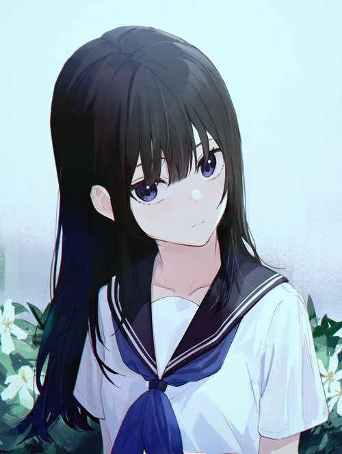 Anime schoolgirl with long black hair and purple eyes