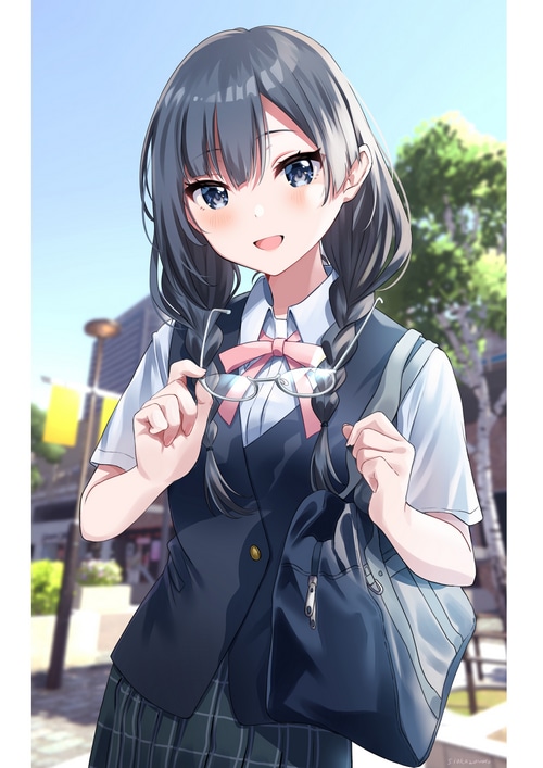 Anime girl in school uniform holding glasses