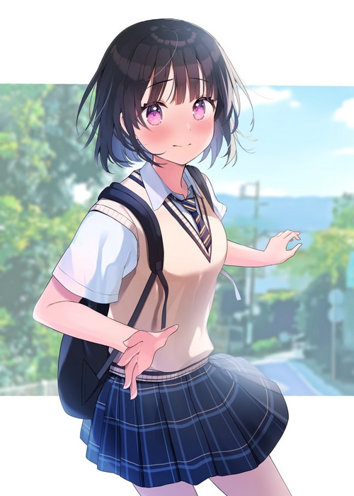 Anime girl in school uniform with pink eyes
