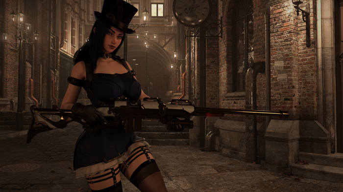 Steampunk woman with rifle in alley