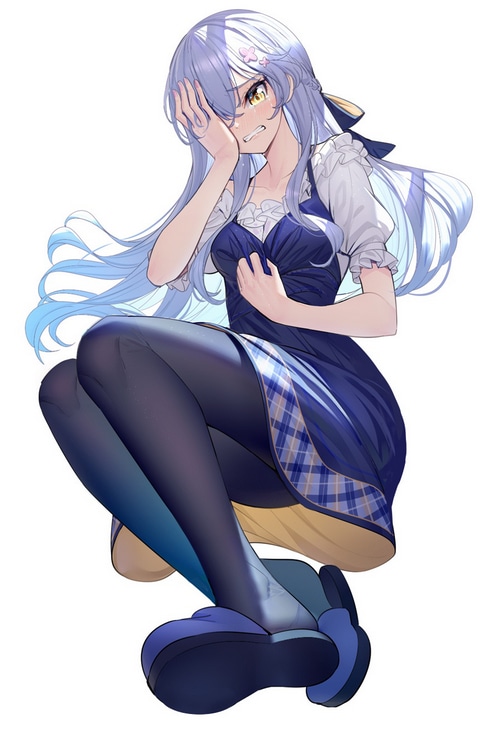 Anime girl with long blue hair crying