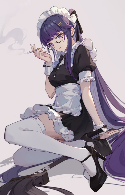 Maid with glasses smoking a cigarette