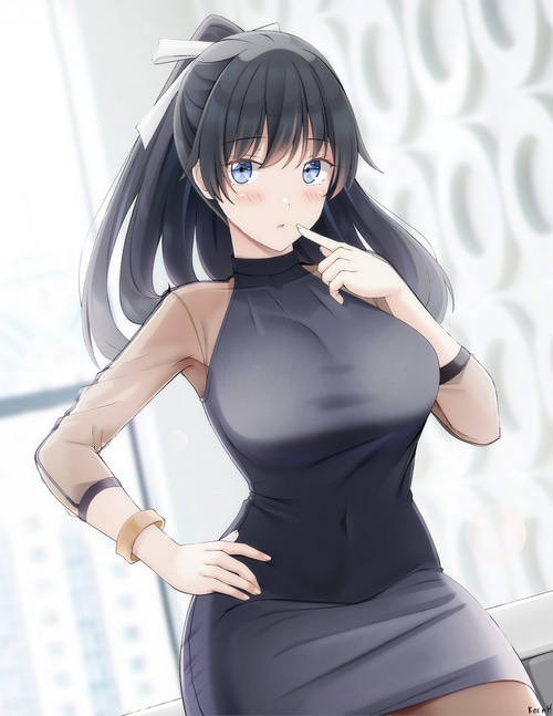 Anime fan art of a woman in a black dress