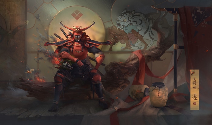 Samurai warrior in red armor with swords
