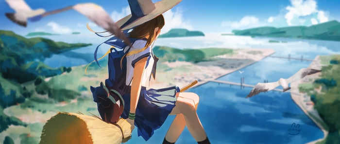 Anime witch girl with cat flying on broomstick over water