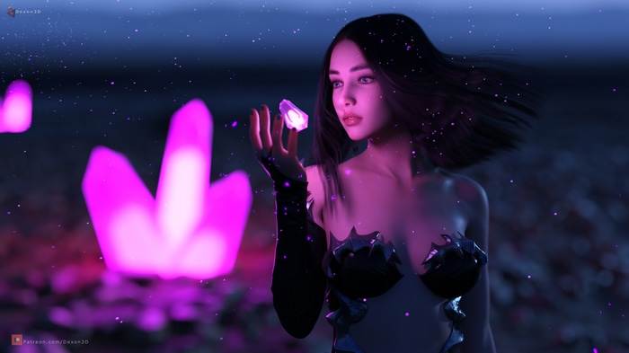 Fantasy girl holding a glowing crystal with pink crystals in the background
