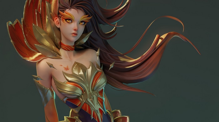 Fantasy girl with yellow eyes and fiery armor