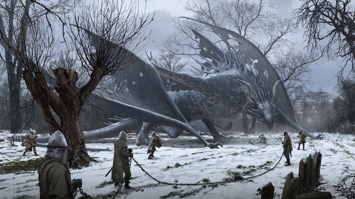 Dragon and knights in a snowy landscape