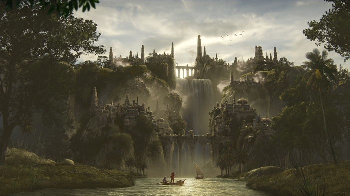 Fantasy city with waterfalls and river by Jan Ditlev