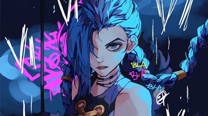 Jinx from Arcane with blue hair and braids