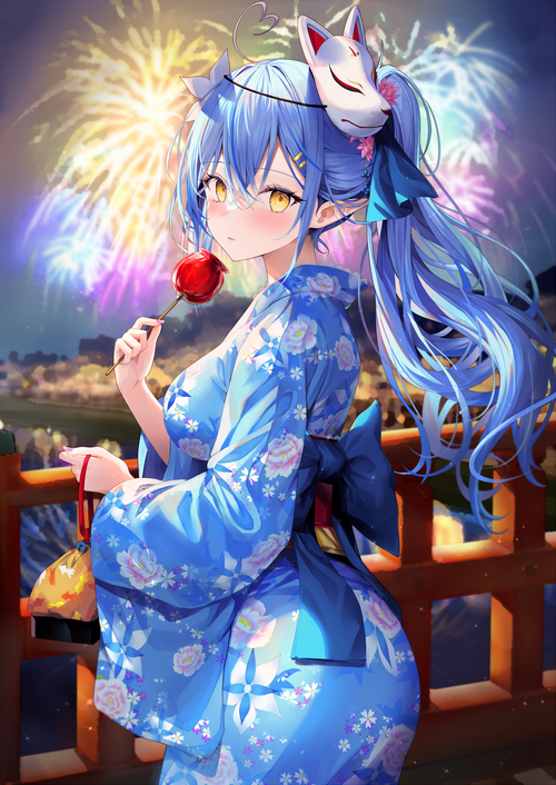 Yukihana Lamy in Yukata with Fox Mask and Candy Apple