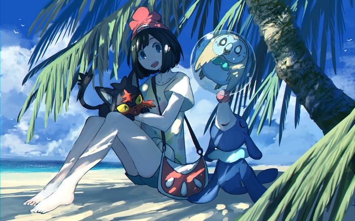 Selene with Litten, Rowlet, and Popplio on a beach