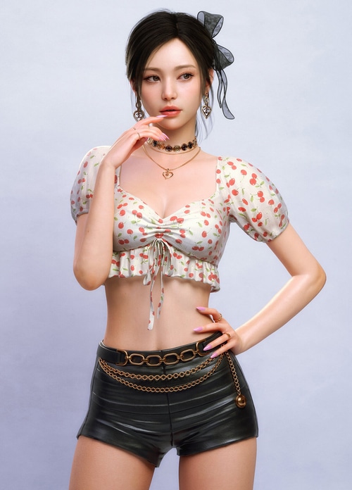 Asian woman with cherry print top and black shorts