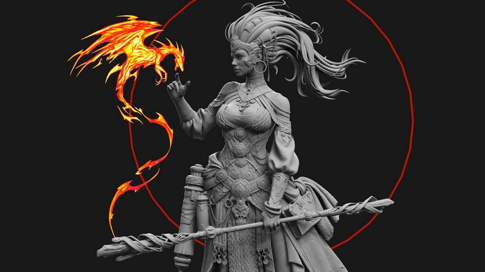 Fantasy woman with a fire dragon and staff