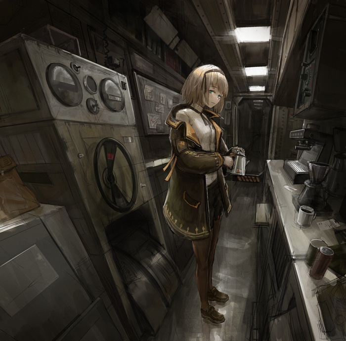 Meng You Zhe holding a coffee pot in a futuristic room