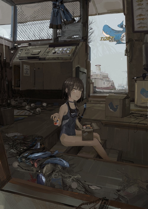 Anime girl in swimsuit with fish and diving gear