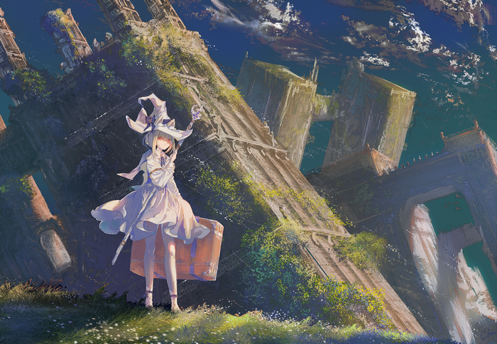 Chi MaoMao in a witch hat with a suitcase near ruins