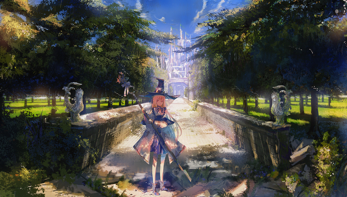 Chi MaoMao, a witch, walks towards a castle