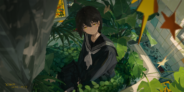 Schoolgirl with yellow eyes surrounded by plants
