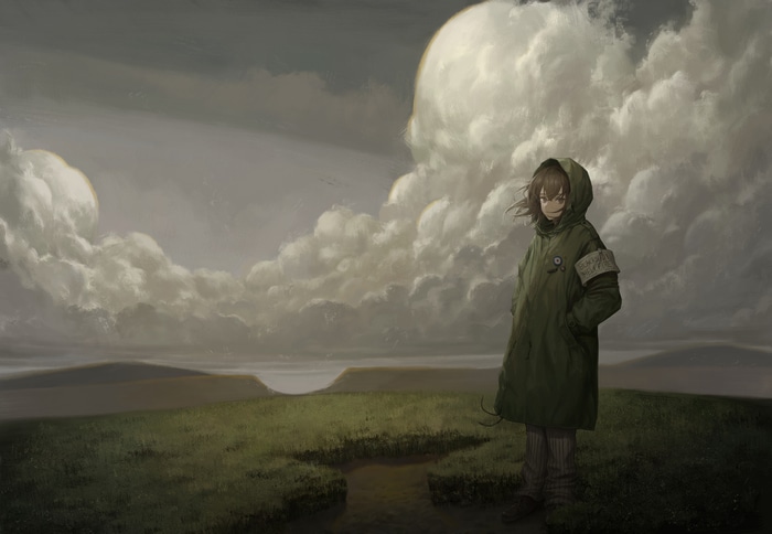 Girl in green coat under cloudy sky