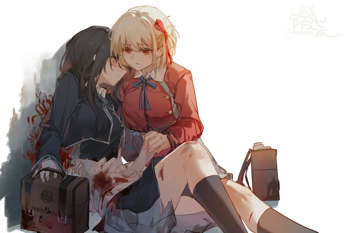 Lycoris Recoil: Takina and Chisato covered in blood