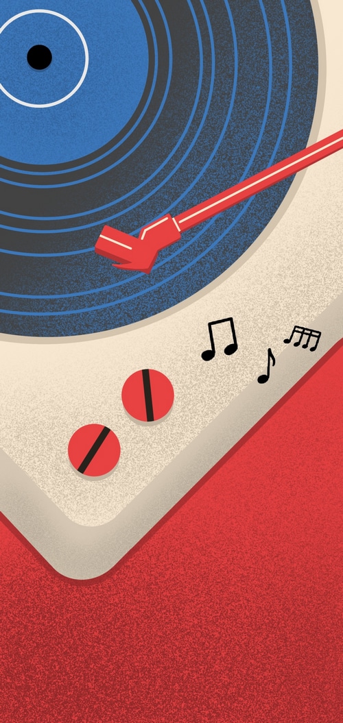Retro record player with music notes