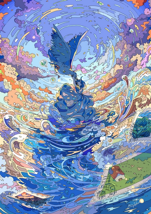 A woman and a bird in a swirling water and cloud landscape