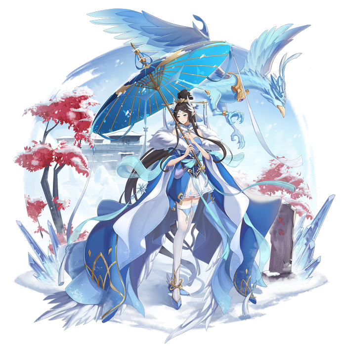 Anime girl with bird and umbrella in snow