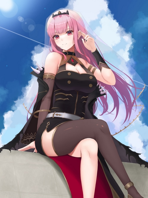 Mori Calliope in a black outfit with pink hair