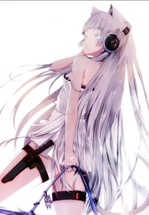 Cat girl with headphones and white dress