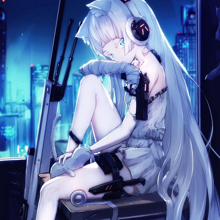 Cat girl with headphones and guns