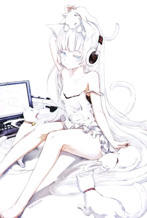 Cat girl with headphones and cats