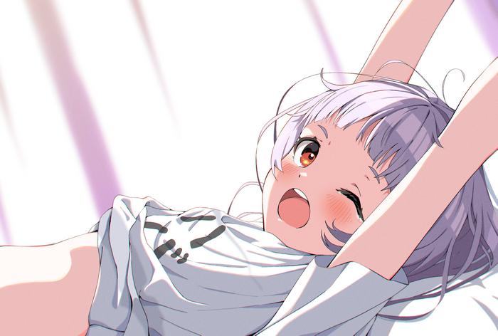 Anime girl with purple hair stretching