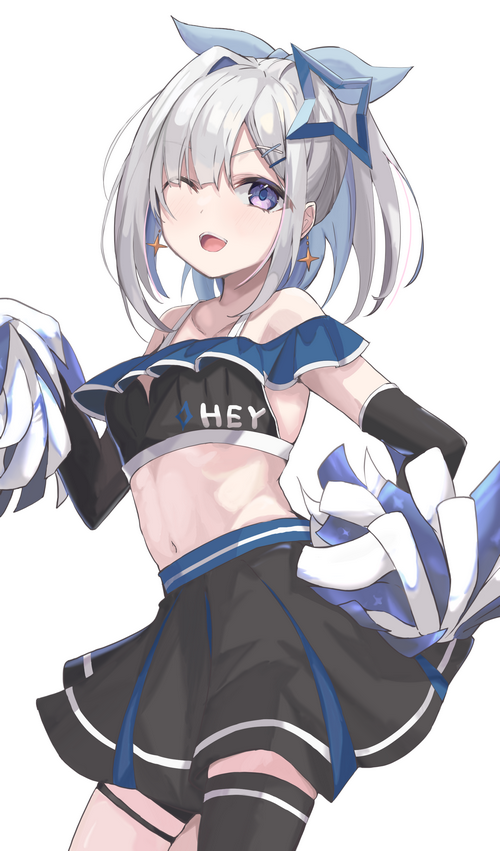 Cheerleader with white hair and blue accents