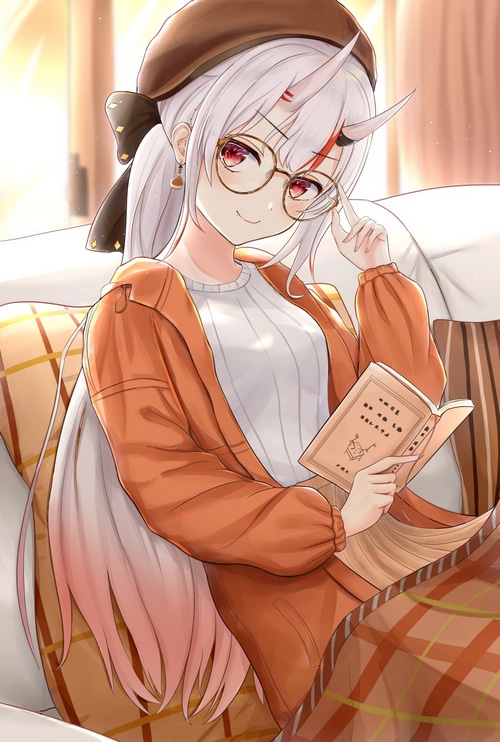 Anime girl with horns and glasses reading a book