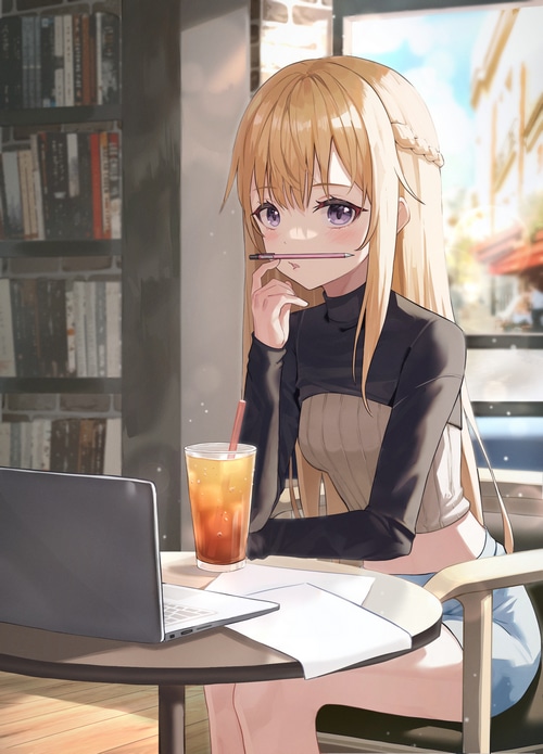 Blonde girl with purple eyes studying in a cafe