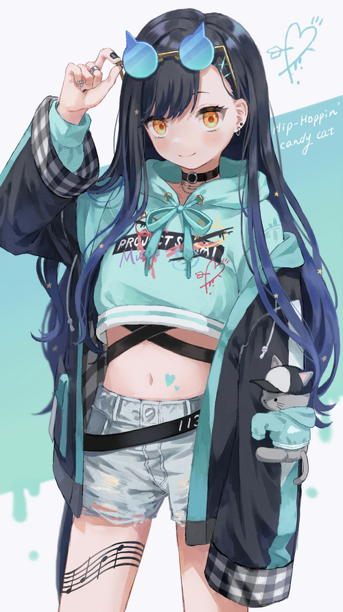 Anime girl with cat in jacket and shorts