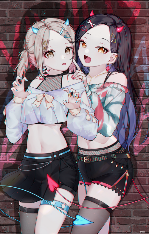 Two anime girls with demon horns and belly buttons