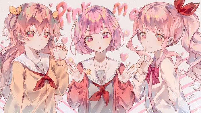 Three anime girls with pink hair and school uniforms
