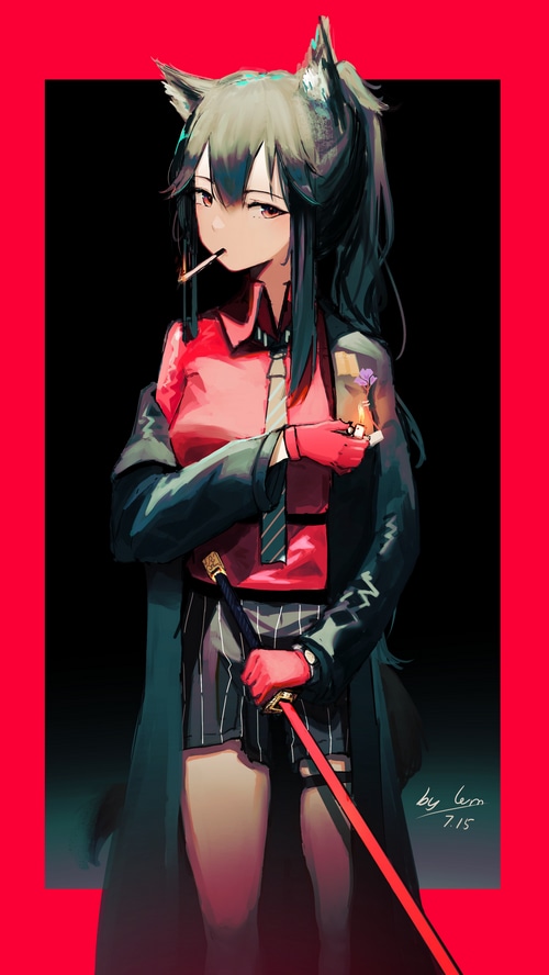 Texas from Arknights lighting a cigarette with a sword